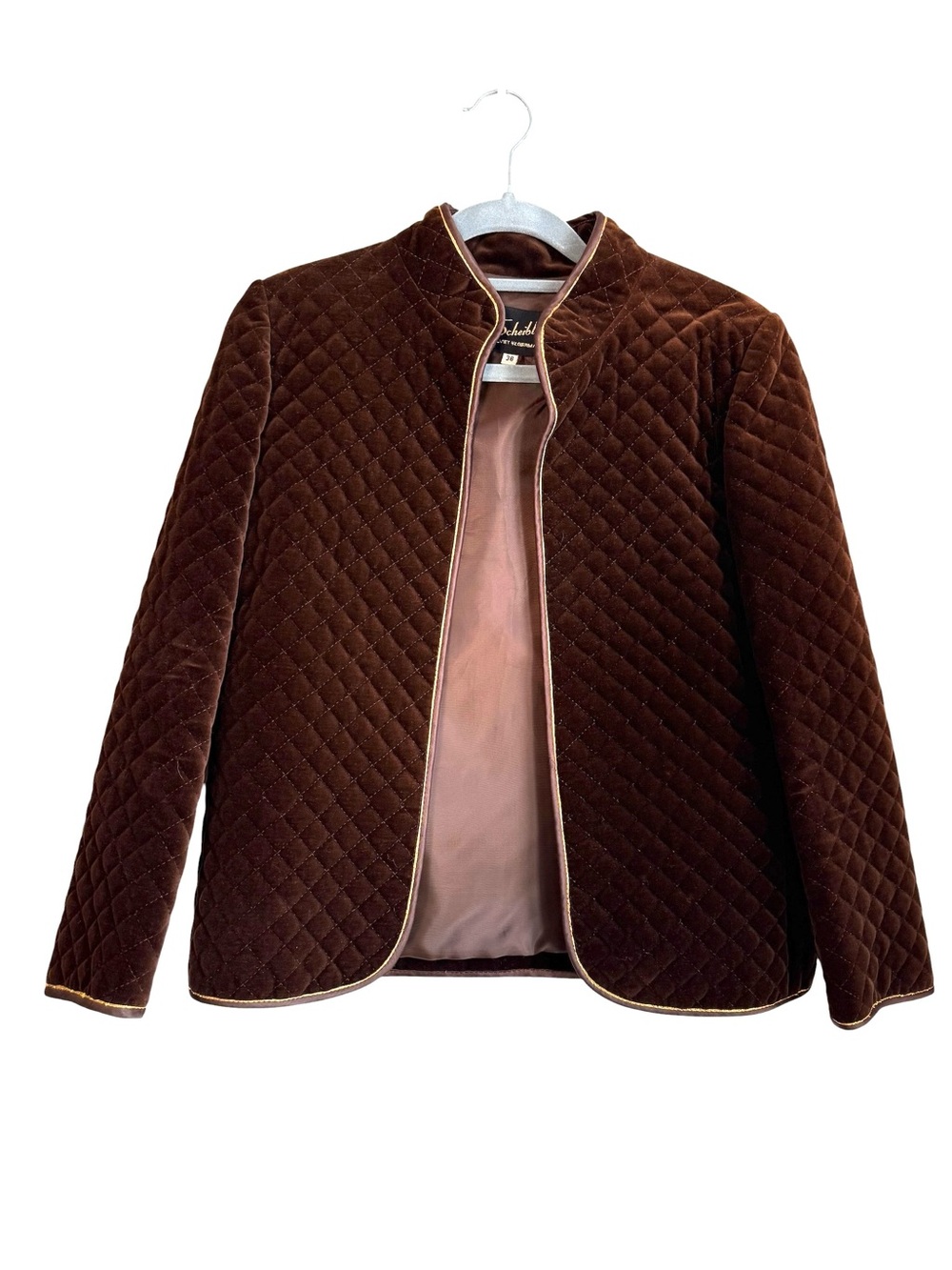 Vintage 70s Brown Quilted Velvet Jacket Open Front | 38 Small - Picture 2 of 9